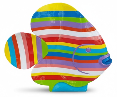 Modern style decorative abstract sculpture designed as a cartoon fish with colorful stripes 50 cm