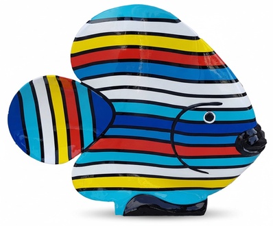 Decorative abstract garden sculpture in modern style designed as a fish with colorful stripes 50cm height