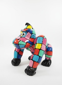 Abstract modern style decorative sculpture designed as colorful cartoon gorilla with round eyes 70cm height