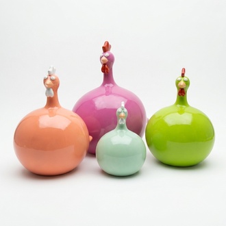Modern abstract decorative colorful garden sculpture designed as funny round chicken 40cm height