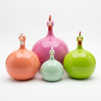 Modern abstract decorative colorful garden sculpture designed as funny round chicken 80cm height