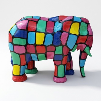 Abstract decorative sculpture designed as a gloss pnik colored standing elephant with colorful flowers 60x81cm