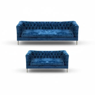 Modern Design Blue Upholstered Seat 2x Sofas Couches Living Room Chesterfield