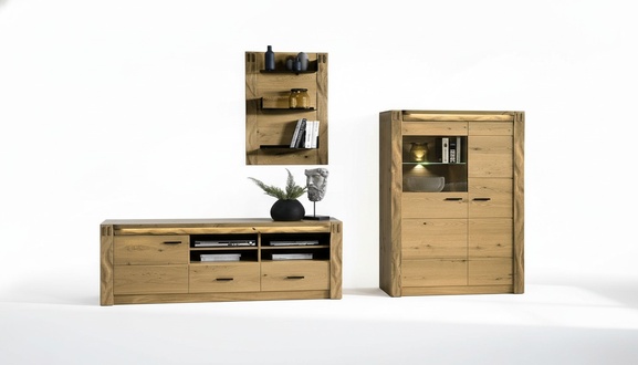 Modern style made of real wooden living room set of TV lowboard, showcase & wall shelves