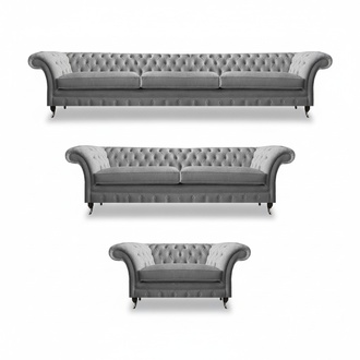 Modern Designer Furniture Set Gray Complete 3-piece Luxury Chesterfield Sofa Suite