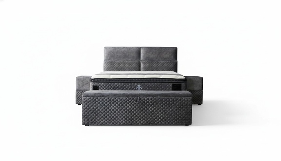 Modern designer luxury bed with 2 bedside tables and bench furniture room 4 pieces