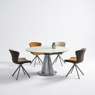 Modern dining group designer round table stylish 4x faux leather chairs 5 pieces