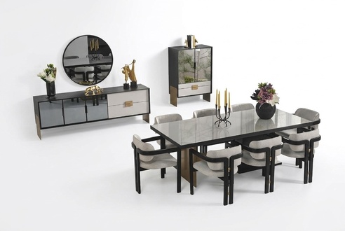 Modern dining room set dining table 8x chairs sideboard mirror 11-piece