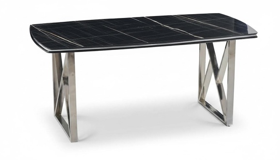 Modern dining table silver chrome legs black rectangular wooden tabletop