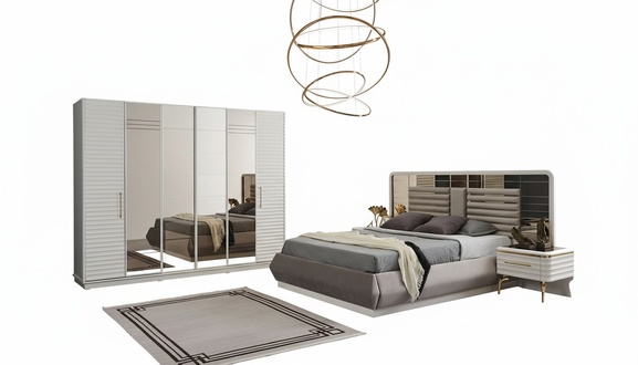 Modern double bed 2x bedside tables wardrobe bedroom set 4 pcs