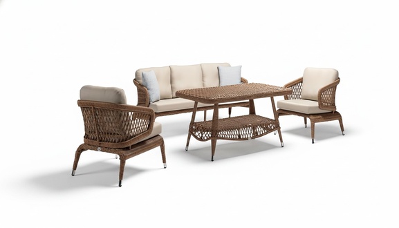 Modern garden furniture luxury sofa set ofa 3-seater 2x armchair coffee table brown