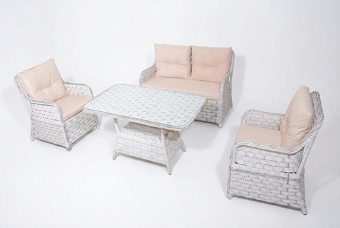 Modern garden furniture set 4-piece. Designer 2-seater, 2 upholstered armchairs, coffee table.
