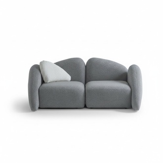 Modern gray 3-seater fabric sofa with wooden frame.