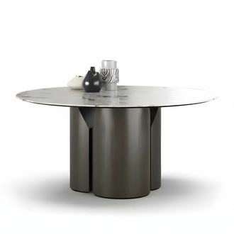 Modern gray dining table made of wood and marble.