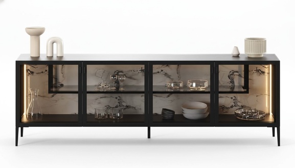 Modern gray console made of wood with glass for living room and hallway.