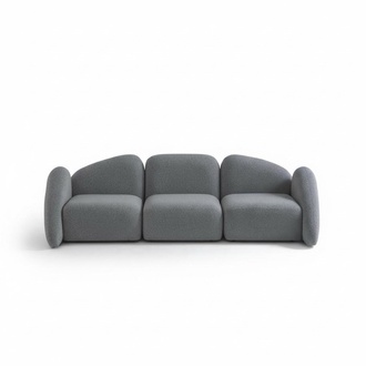 Modern gray fabric 4-seater sofa with wooden frame.
