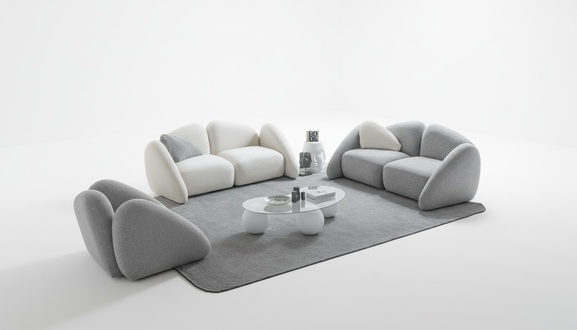 Modern gray living room set made of fabric and wood.