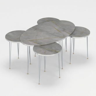 Modern gray coffee table with four wooden side tables