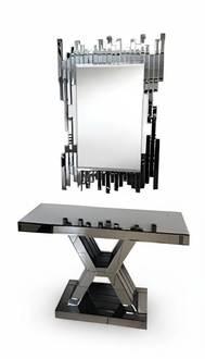 Modern gray wooden console with mirror for hallway, living room, bedroom.