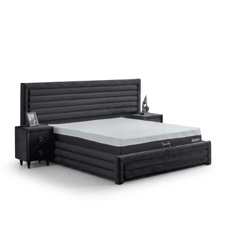 Modern grey bedroom set double bed 2x wooden bedside tables 3pc set