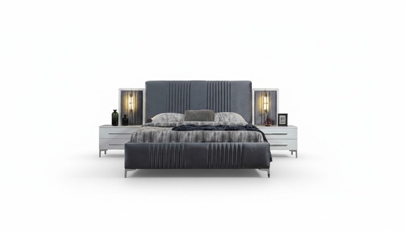 Modern gray double bed 2x wooden bedside tables bedroom set
