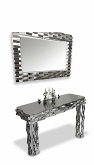 Modern gray wooden console with mirror for an elegant living style.