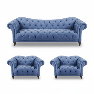 Modern living room complete blue sofa couch three-seater 2x armchair furnishings