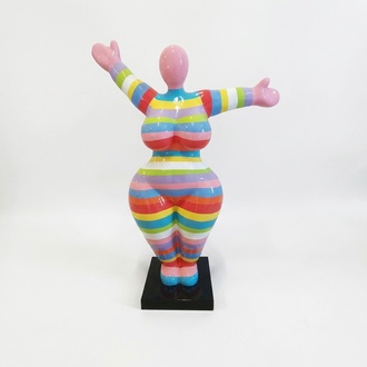 Abstract decorative sculpture designed as a standing gymnastic figure in colorful pink tones stripes 85cm