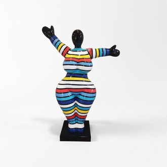 Abstract decorative sculpture designed as a gloss gymnastic figure in colorful blue tones stripes 85cm