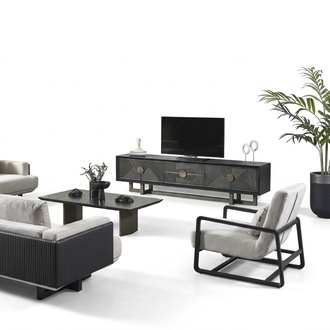 Modern living room furniture set made of fabric in brown with an armchair.