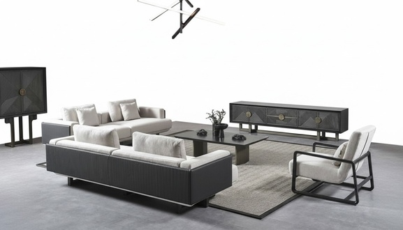 Modern living room furniture set made of brown wood with sofas and armchairs.