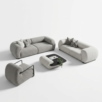 Modern living room set made of fabric in gray with wooden details.