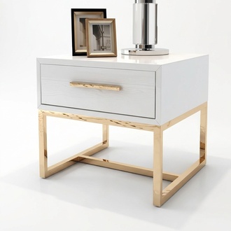 Modern style designer bedside table with a sliding drawers made of real wood & stainless steel frame