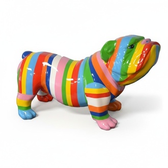 Decorative gloss abstract sculpture designed as a standing dog in bright colorful stripes 32x55cm