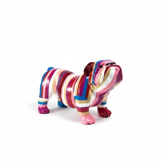 Decorative abstract sculpture designed as a gloss standing dog in pink tones colored stripes 32x55cm