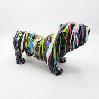 Abstract decorative sculpture designed as a gloss black colored dog in colorful stripes 32x55cm
