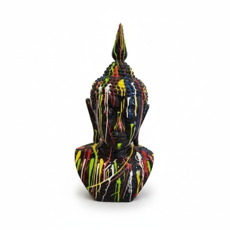 Abstract decorative sculpture designed as a black gloss colored malaysian buddha bust in colorful stripes 117cm