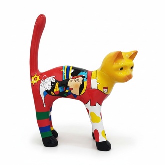 Decorative sculpture designed as a gloss cat with modern art patterns & yellow red painted 110 cm