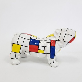 Abstract decorative sculpture designed as an white gloss dog with geometric colorful patterns 32x55cm