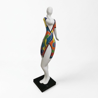 Modern abstract decorative sculpture designed as a white figure in colorful patterns dress 102cm