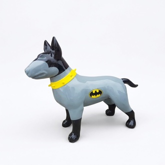 Decorative sculpture designed as a gloss bull terrier in classic batman suit colored 85x116cm