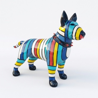Abstract decorative sculpture designed as a gloss standing bull terrier in colorful blue tone stripes 85x116cm