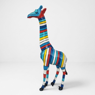 Decorative sculpture designed as colorful gloss giraffe figure with stripes 205 cm height