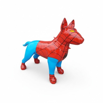 Modern style decorative sculpture designed as a gloss standing bull terrier in spiderman suit colored 85x116cm
