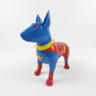 Decorative sculpture designed as a gloss standing bull terrier in superman kit colored 85x116cm