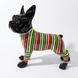 Decorative sculpture designed as black gloss bulldog with colored shirt figure 190cm