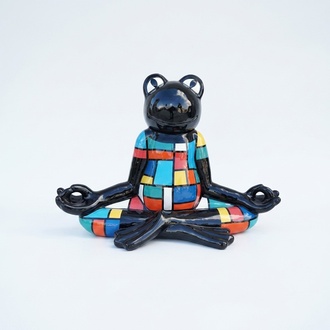 Black decorative sculpture of a cartoon frog in yoga pose painted in colorful square pattern suit 55cm