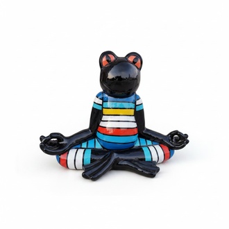 Black decorative sculpture of a cartoon frog in yoga pose painted in colorful stripes suit 55cm