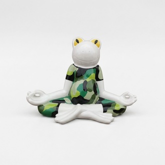 White decorative sculpture of a cartoon frog in yoga pose painted in colorful camouflage suit 55cm