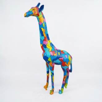 Abstract decorative sculpture designed as gloss colorful giraffe in mosaic 205cm height